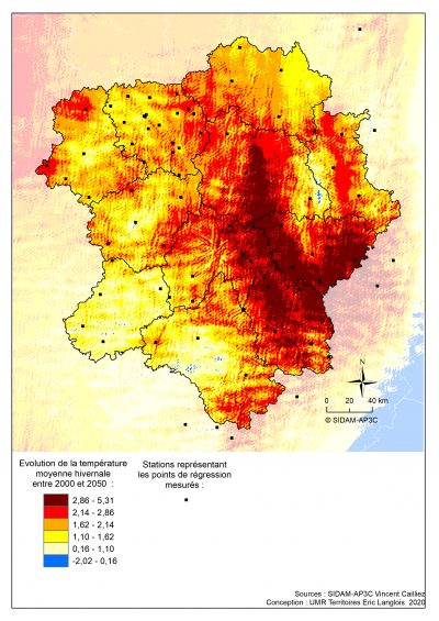 Les contrastes sont violents, y compris à l’intérieur d’un département comme le Puy-de-Dôme. Les évolutions peuvent être très fortes (+3 voire +4°C/50 ans). Il s’agit vraisemblablement d’une rétroaction liée à la désagrégation de la couche neigeuse hivernale moyenne. Ce genre d’effet est bien repéré et analysé sur l’Europe de l’Est par les modèles globaux du climat. L’élévation de +2°C/50 ans sur la Haute-Vienne et  au-delà est cohérente avec le renforcement de la circulation atmosphérique perturbée d’Ouest, qui implique une « océanisation » du Nord-Ouest de la France à venir.
Erreur-type : 0,48°C